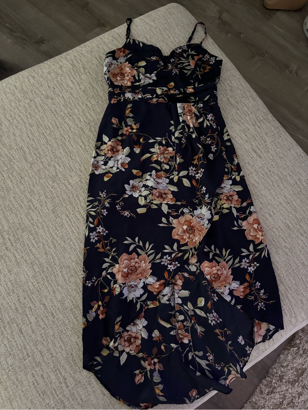 Lulu's Navy Floral High-Low Maxi Dress with Peach Blooms